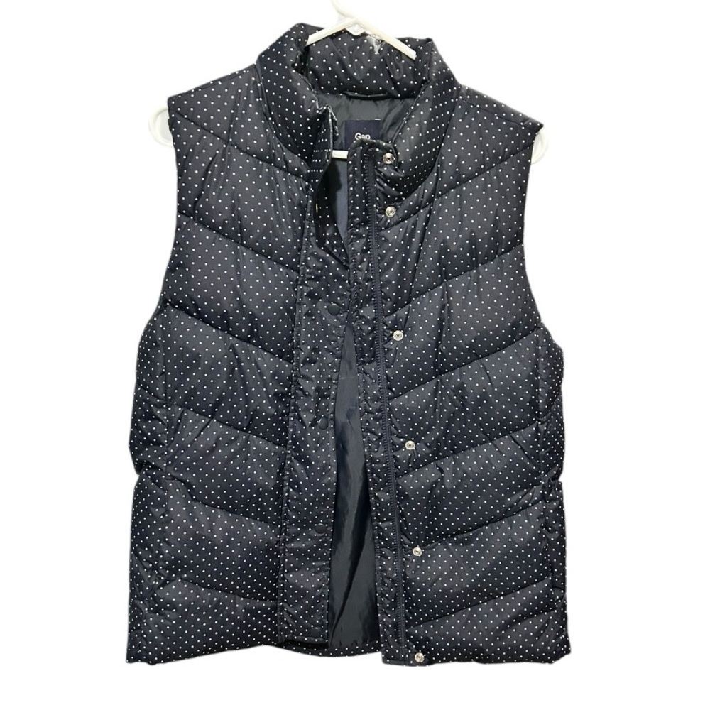 GAP Marine Navy Blue White Dots Puffy Vest Snap Front Pockets Women’s Large VGC